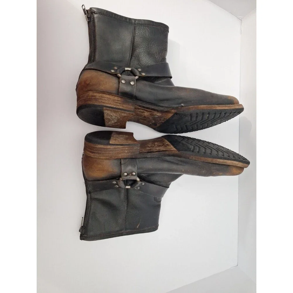 Vtg Frye Antiqued Black Leather Motorcycle Harness Boot Ankle Zip Up Mens 13 D
